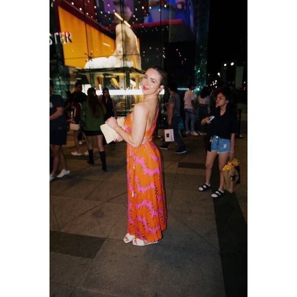 FARM RIO Orange Pink One Shoulder Ruched Waist Tie Copacabana A-Line Dress S - Picture 15 of 16